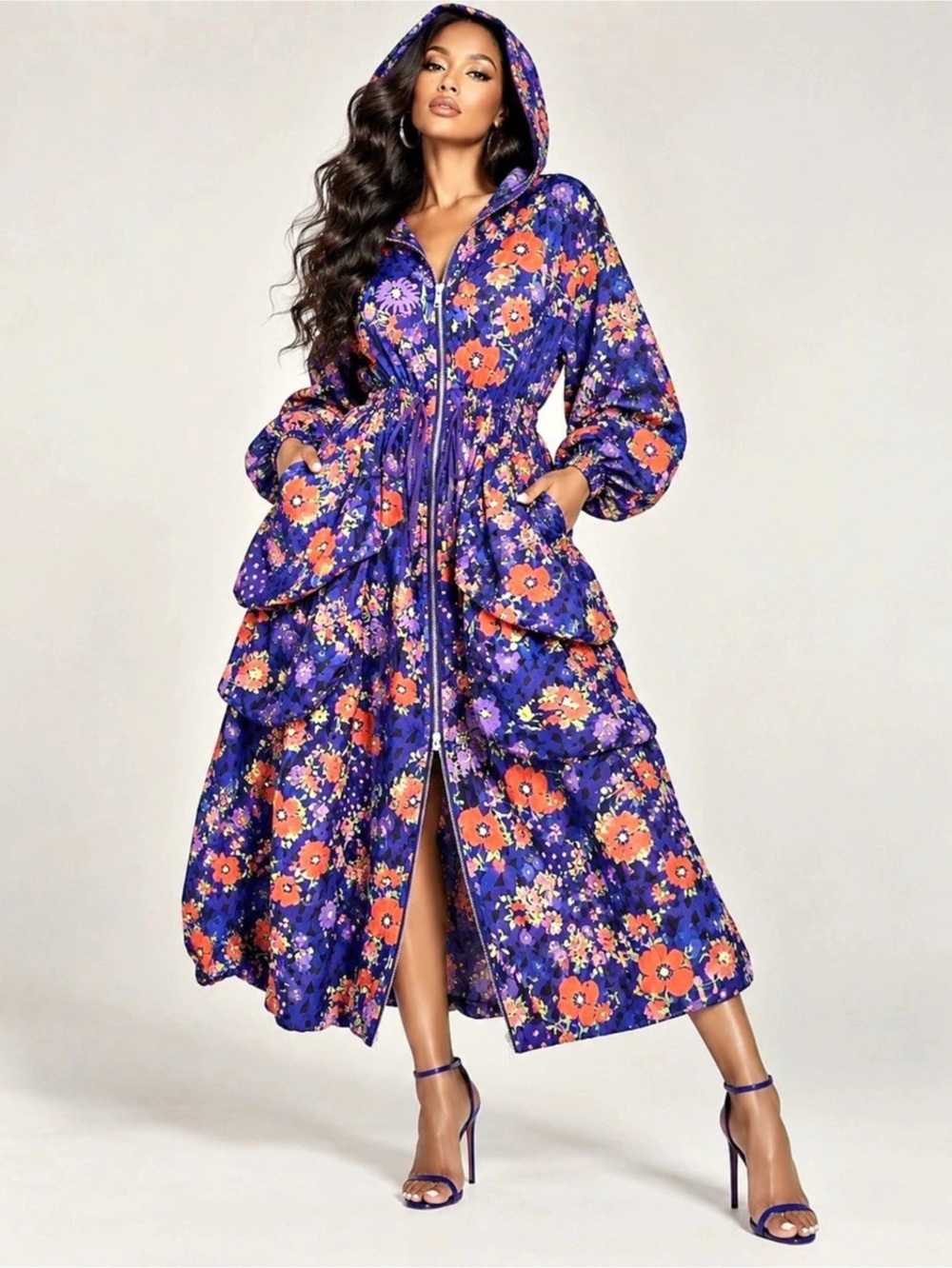 Floral Hooded Long Coat in Purple & Orange